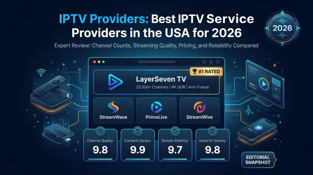 Best IPTV Providers in the USA for 2026 displayed on a 4K smart TV with live channels, sports streaming, movies, and multi-device IPTV compatibility.