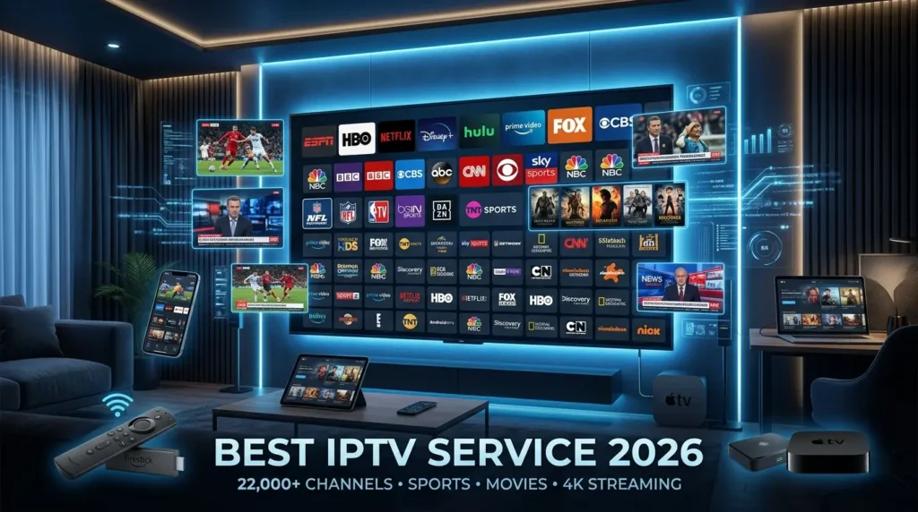 Best IPTV service in the USA featuring 4K live TV streaming, premium entertainment channels, sports coverage, and multi-device IPTV access in 2026.