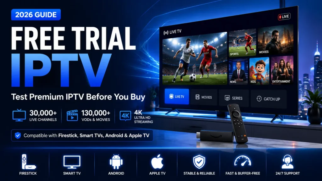 Free Trial IPTV hero banner showing a 4K smart TV with live sports, movies, news, and entertainment channels, highlighting 30,000+ channels, 130,000+ VODs, and multi-device compatibility.