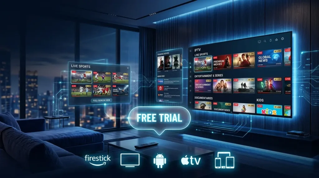 IPTV free trial streaming service displayed on a Smart TV with live channels, movies, sports content, and multi-device compatibility in a modern home entertainment setup.