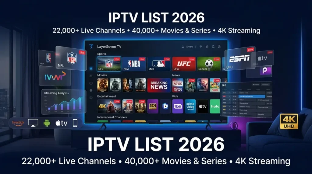 IPTV List 2026 dashboard displaying live TV channels, sports, movies, news, entertainment, and 4K streaming on a modern Smart TV.