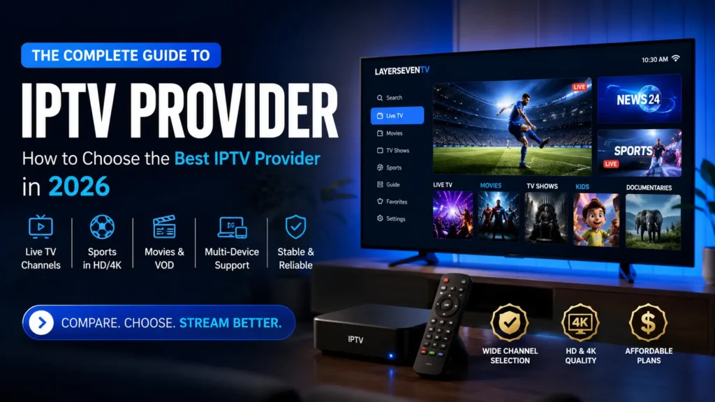 IPTV Provider guide 2026 displayed on a modern smart TV with live channels, sports, movies, 4K streaming, and multi-device IPTV service features.