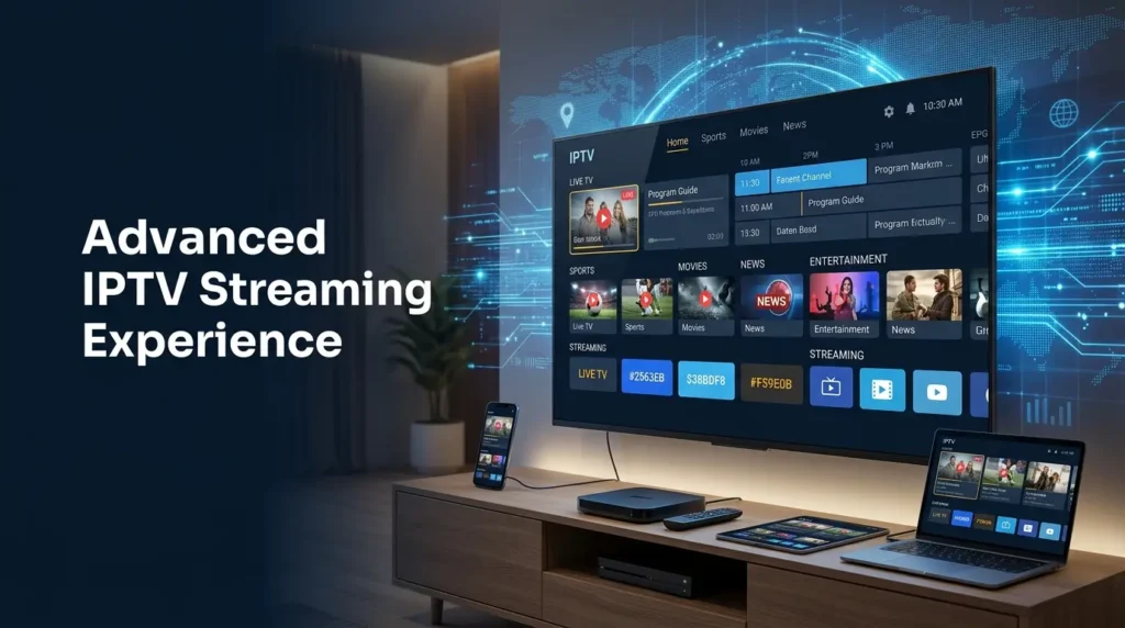 Modern IPTV service streaming interface displayed on a smart TV with live channels, movies, sports, and connected devices in a premium home entertainment setup.