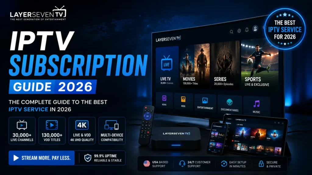 IPTV Subscription Guide 2026 featuring LayerSeven TV with 30,000+ live channels, 130,000+ VOD titles, 4K streaming, and multi-device compatibility.