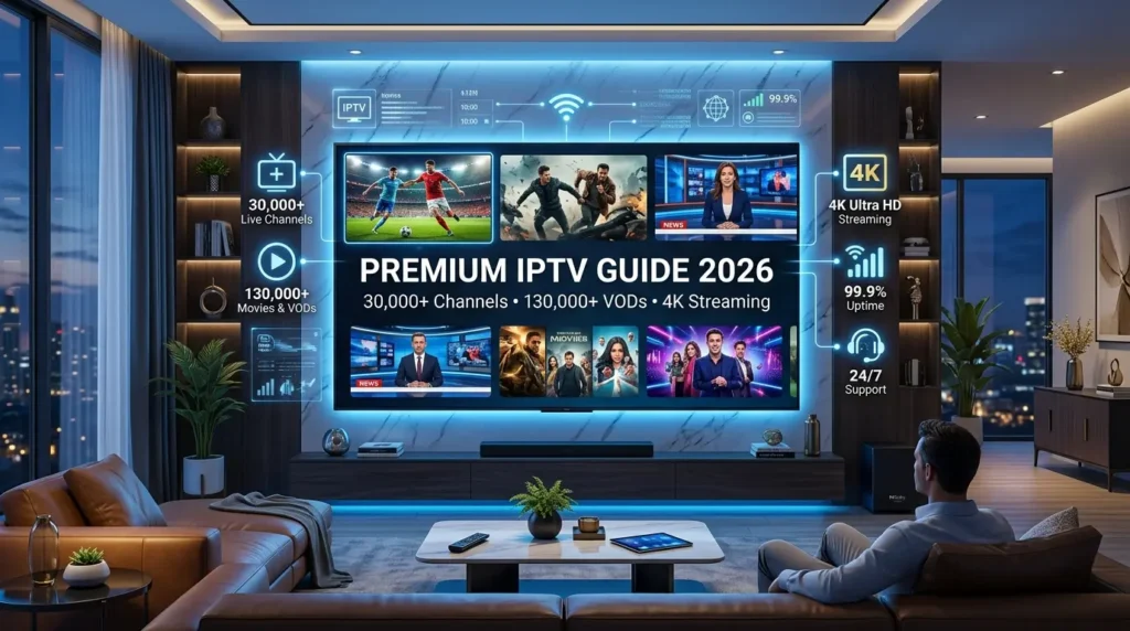 Premium IPTV Guide 2026 featuring 30,000+ live channels, 130,000+ VODs, 4K streaming, sports, movies, and entertainment on a modern smart TV.