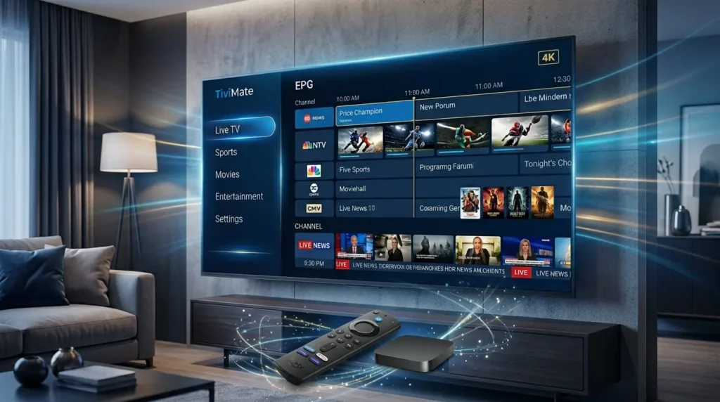 TiviMate IPTV player running on Firestick and Android TV with live channels, EPG guide, sports, movies, and premium streaming interface.