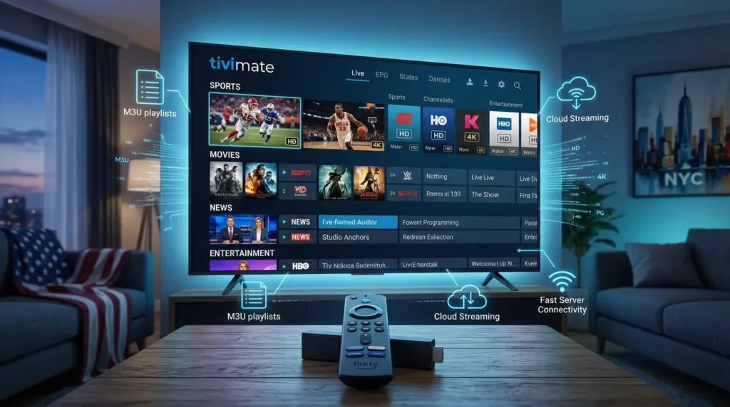 TiviMate IPTV List setup on Android TV showing M3U playlist, Xtream Codes login, EPG guide, and live TV channels for streaming.